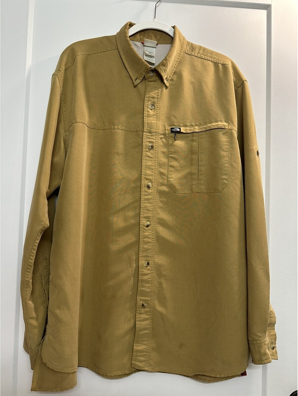 North Face Men’s Canvas Tan Khaki Long Sleeve Button Up Shirt Zip Pocket Large